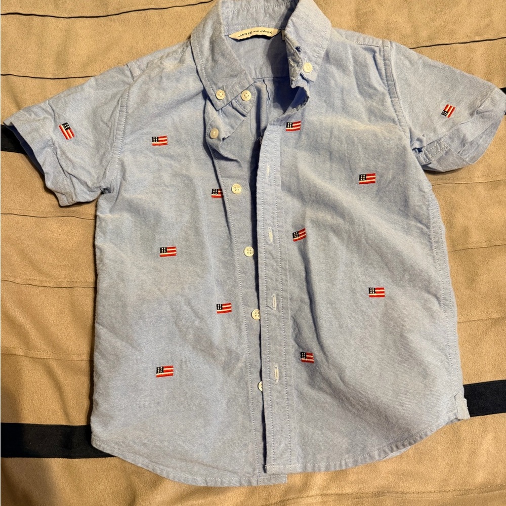 Janie and Jack Light Blue Button Down Shirt with Flag Embroidery